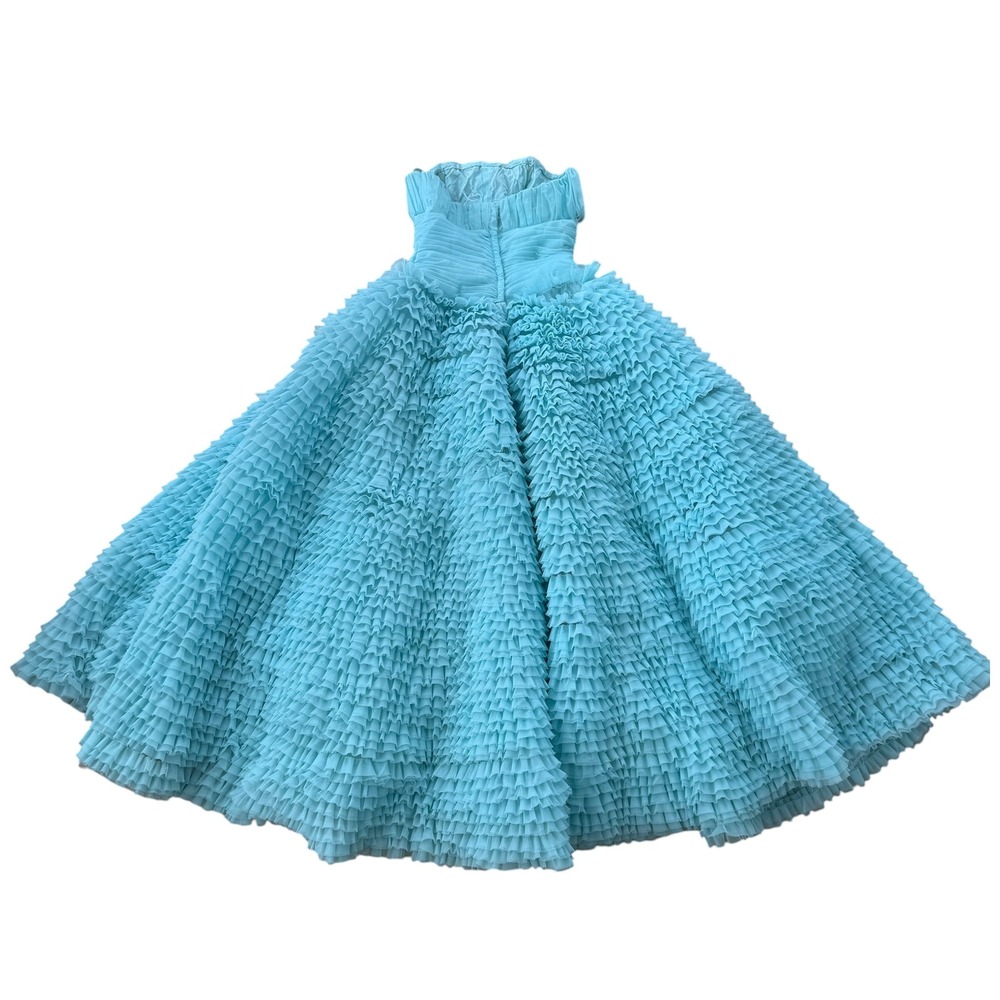 Vintage 1950s Bombshell Strapless Organza Tiered Party Dress XS Blue Chiffon